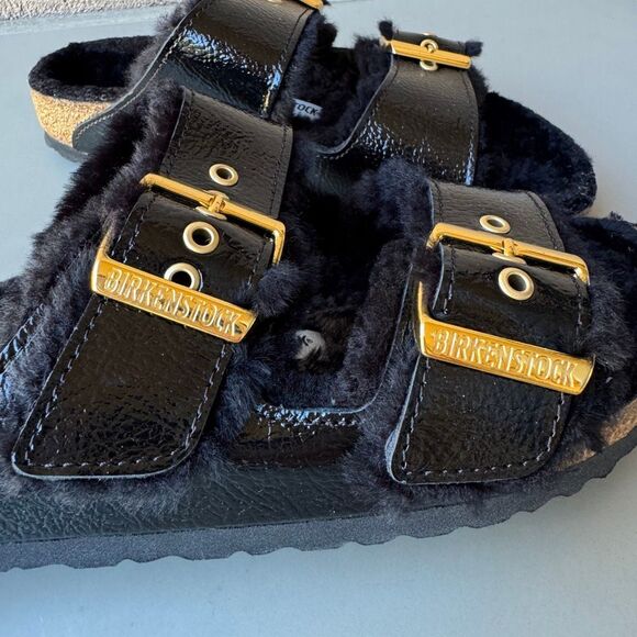 Birkenstock Arizona Shearling Eyelet Sandals Womens 38EU or 7US Shiny Black Gold - Picture 11 of 13